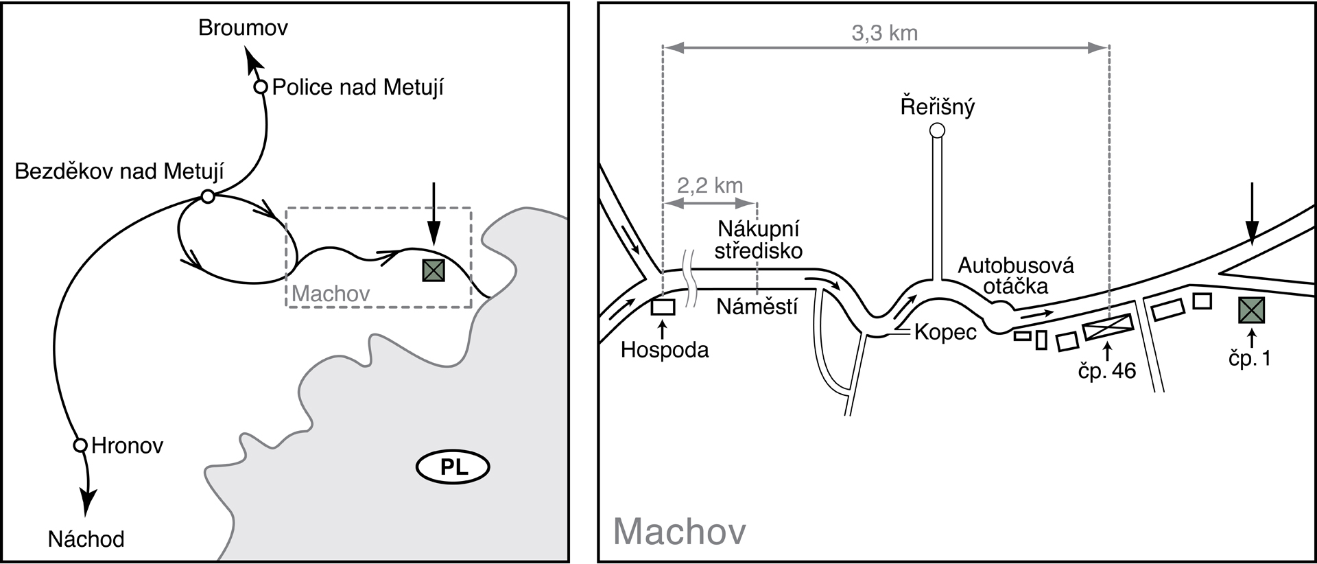 Mapa a pokyny, jak se dostat do ubytování v regionu Broumovsko